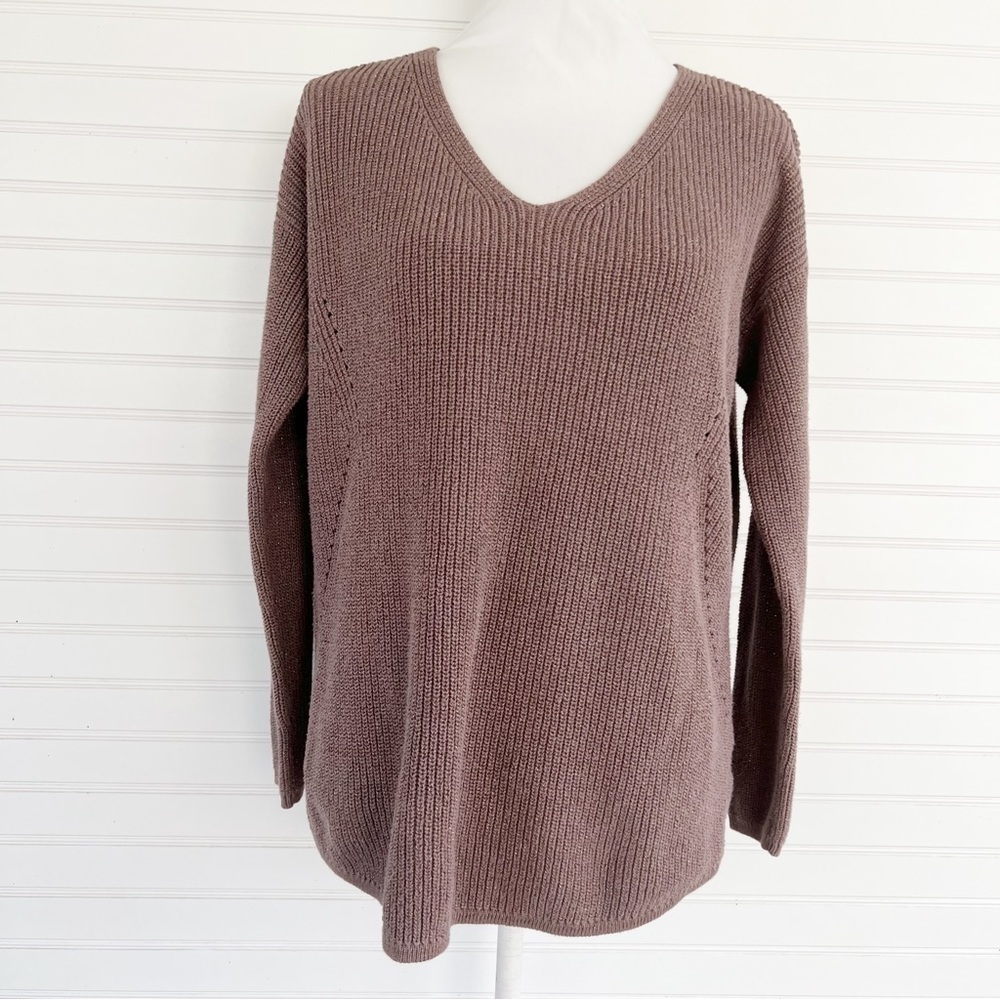 a.n.a Sweater Large Mauve Brown Metallic Ribbed V-Neck High-Low Knit Pullover